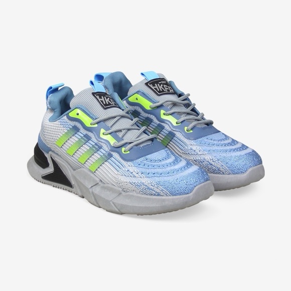 Other - Men's Low Top Chunky Sole Lace Up Stripe Effect Sneaker in Blue and Grey Fabric